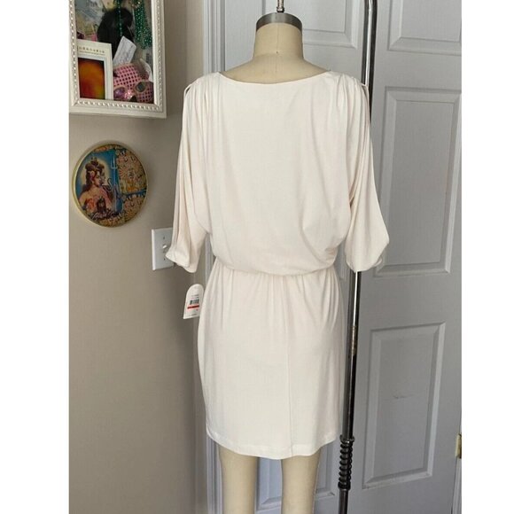 JESSICA SIMPSON ivory Y2K Mock Wrap V-Neck fringe Belted Mini Dress *X-SMALL* - Picture 5 of 6